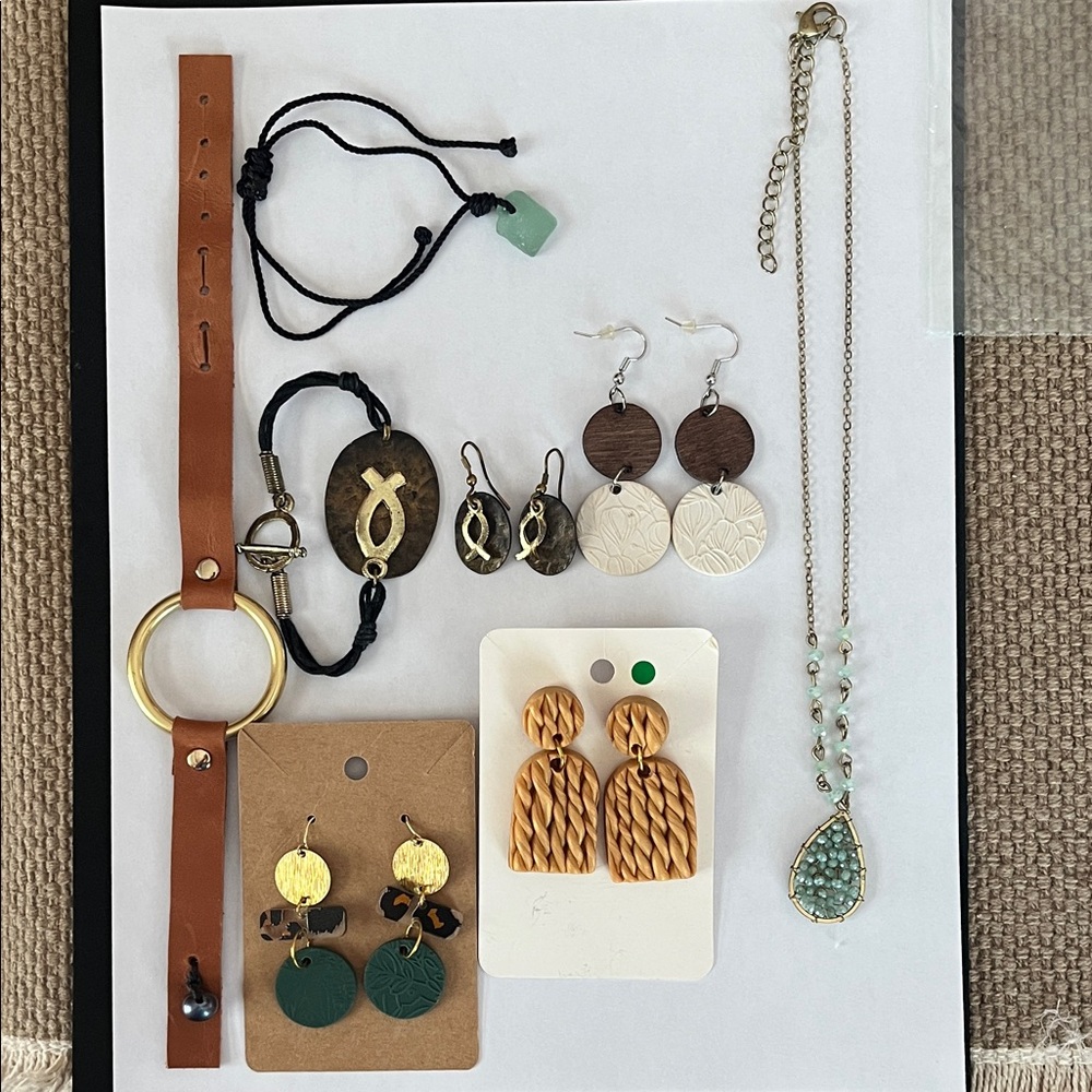 Mixed Jewelry Lot - Brown, Gold, Green Accents